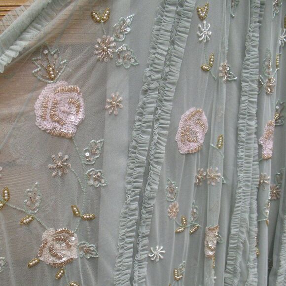 MAC DUGGAL  9360 Green Floral Mesh Sleeveless A Line Micro Ruffle Gown Dress - Picture 12 of 14